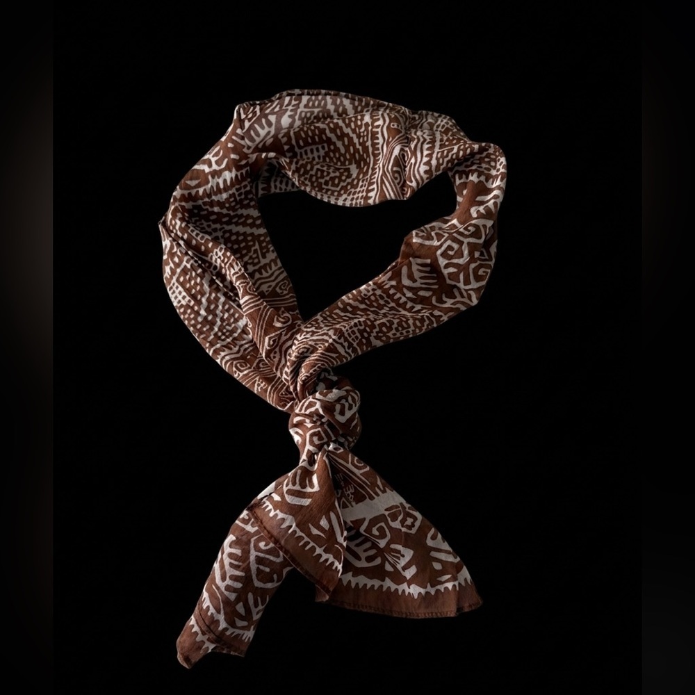 Vintage Liz Claiborne 100% Silk Scarf Brown White Tribal Geometric Print Oblong